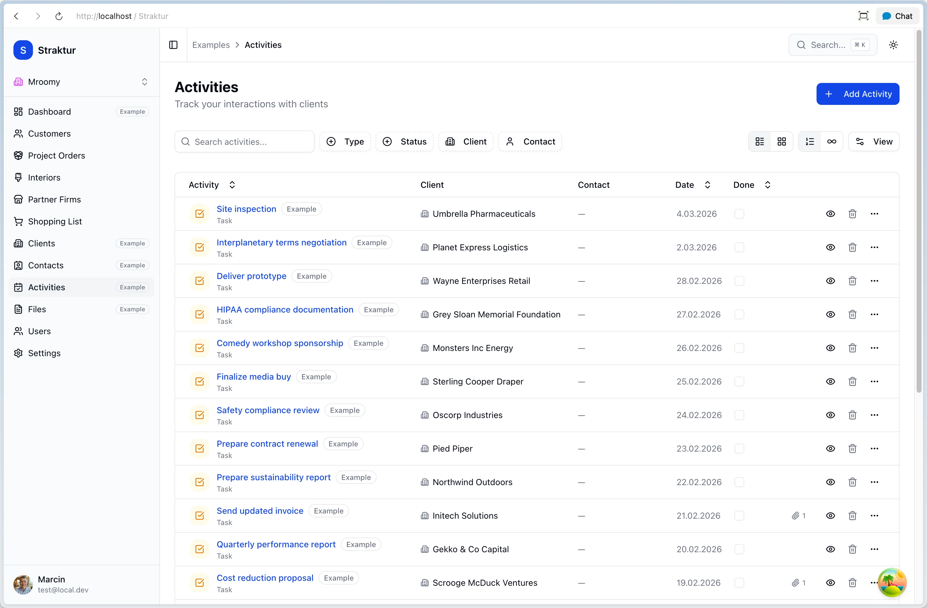 Finished activities feature running in the browser with data table, filters, and search